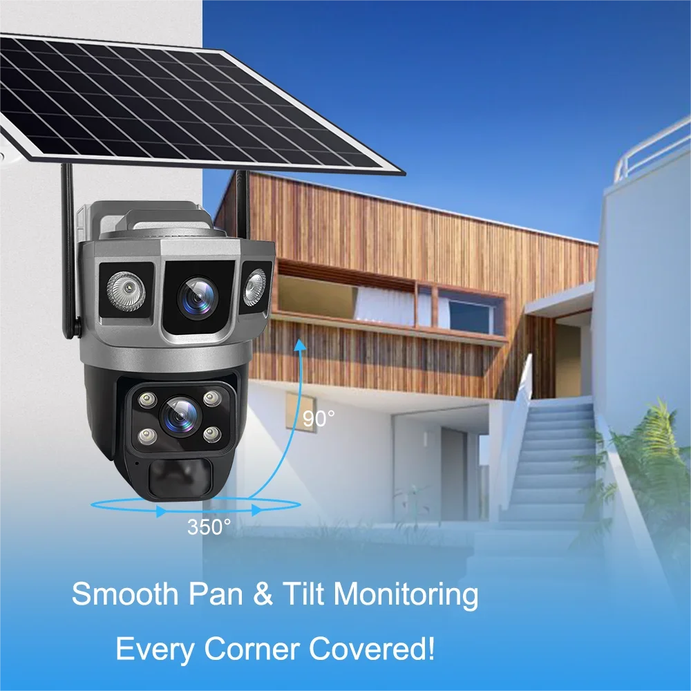 WIFI Wireless Solar Camera CCTV HD 12MP 4K Dual Lens Triple PTZ Auto Tracking Security Home Monitor V380 Pro Outdoor IP Camera