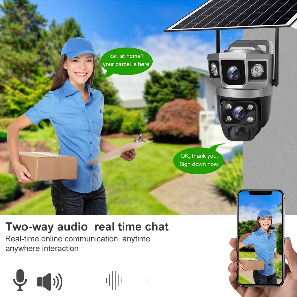 WIFI Wireless Solar Camera CCTV HD 12MP 4K Dual Lens Triple PTZ Auto Tracking Security Home Monitor V380 Pro Outdoor IP Camera