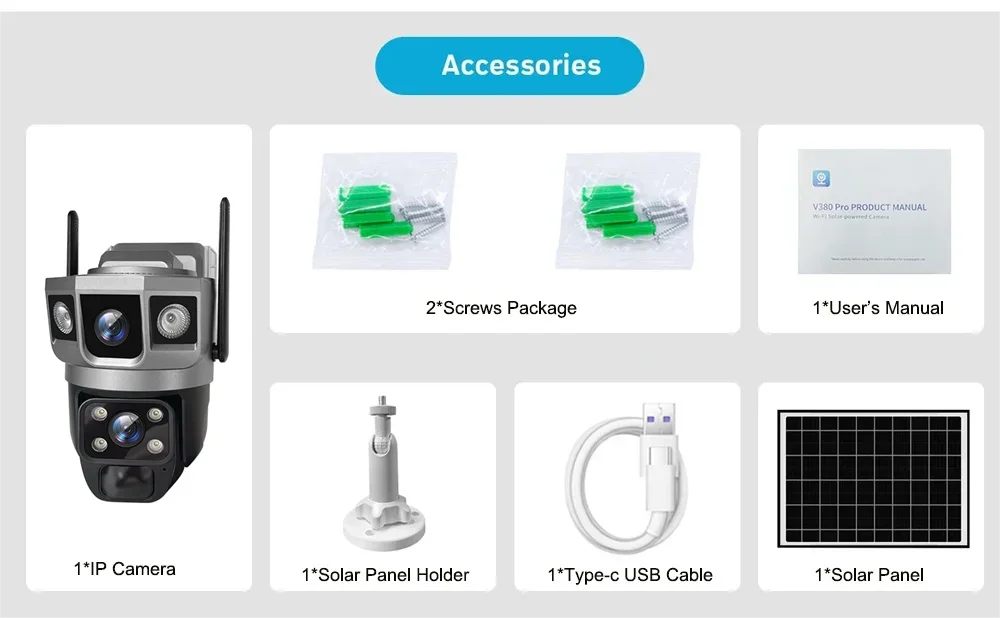 WIFI Wireless Solar Camera CCTV HD 12MP 4K Dual Lens Triple PTZ Auto Tracking Security Home Monitor V380 Pro Outdoor IP Camera