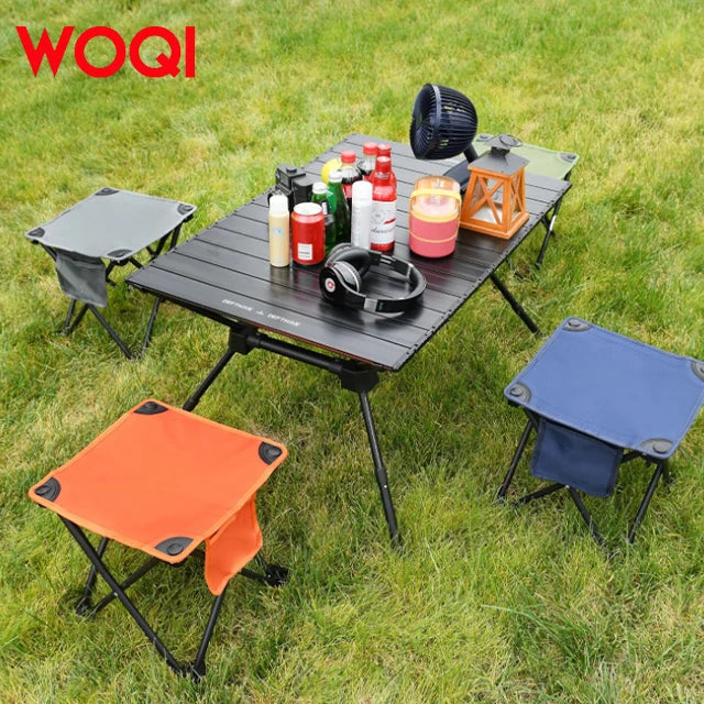 WOQI Factory Wholesale Customized Camping Benches with Side Bags Outdoor Fishing Hiking Travel Folding Benches