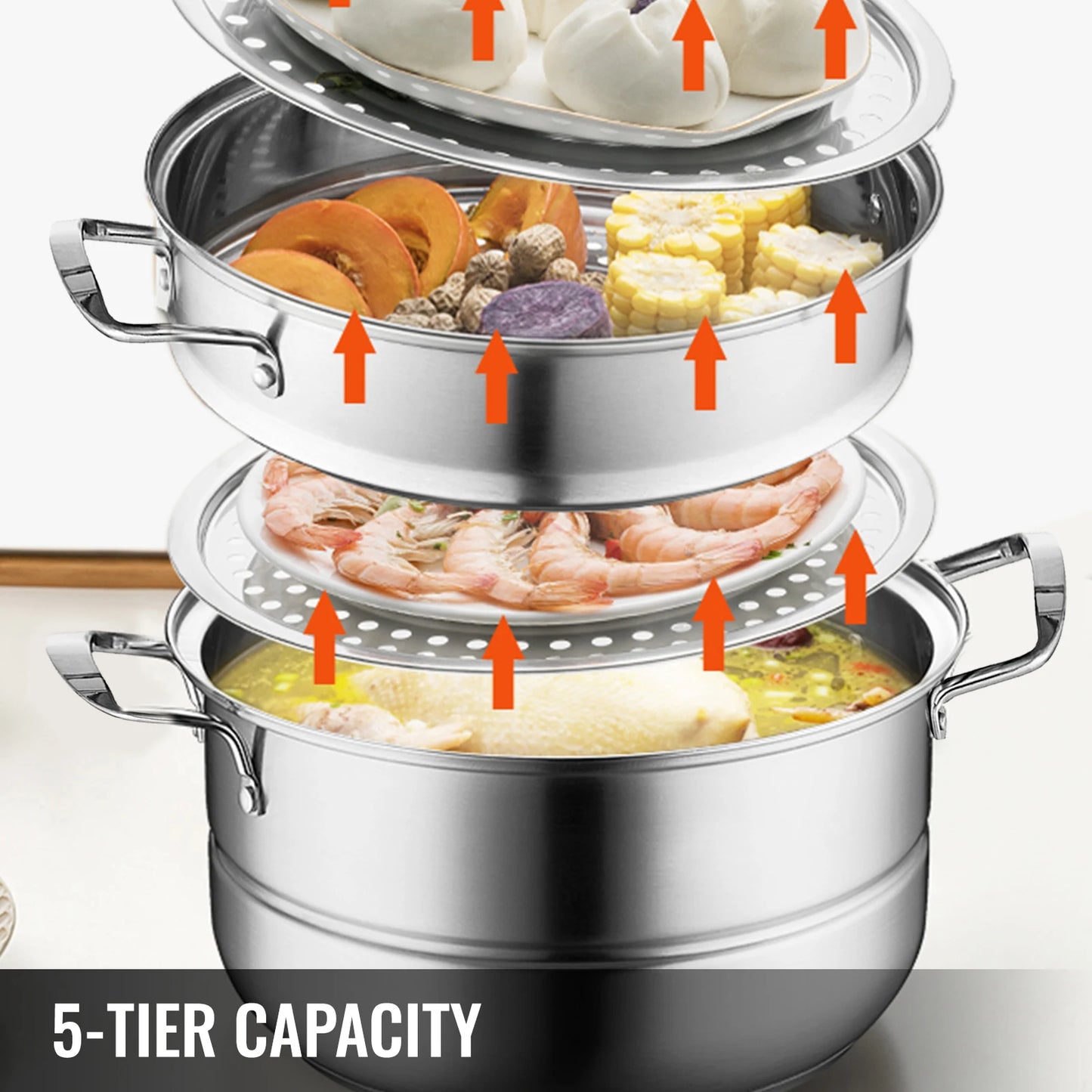 SucceBuy 5 Layer Food Steamer 28-30cm Stainless Steel Stock Pot for Home Steaming Dumplings Vegetables Rice Cooking Steamed Dish