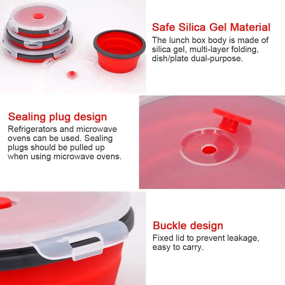 Round Silicone Folding Lunch Box Microwave Folding Bowl Portable Folding Food Container Box Salad Bowl With Lid