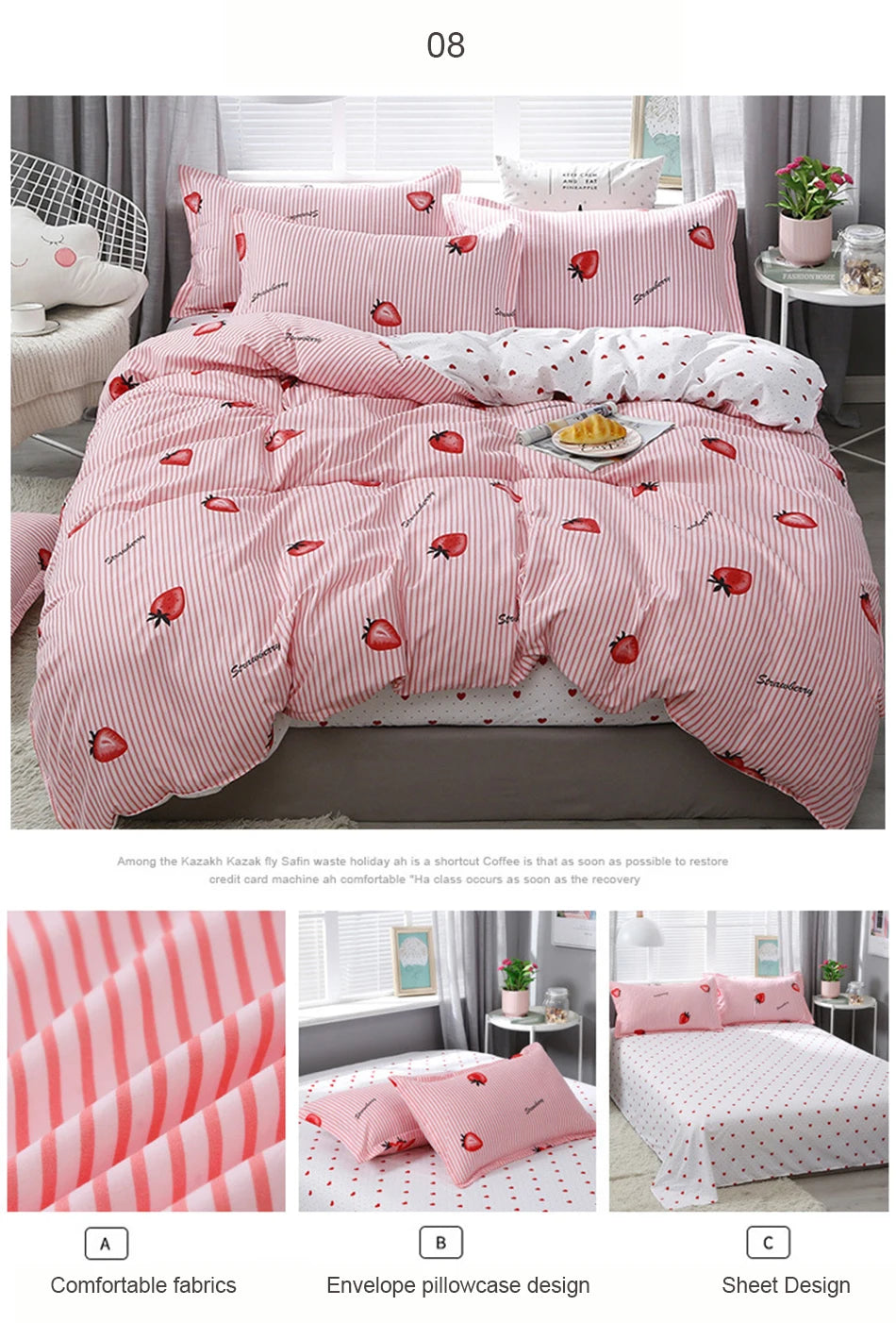 3/4pcs Bedding Set Pink Strawberry Fashion Bed Sheets Queen Size Luxury Bedding Set bed Sheet Sets Duvet Cover Set King Size