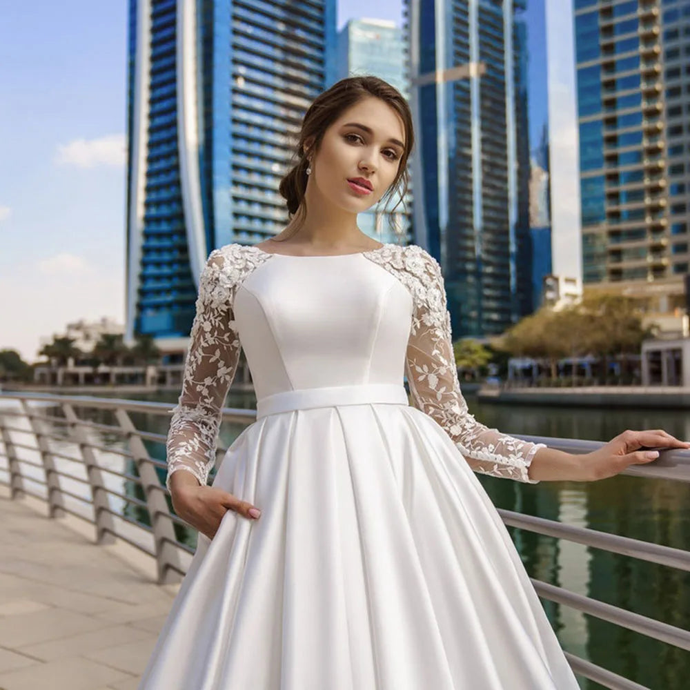 SoDigne Dubai Modest Wedding Dresses Lace Long Sleeve Satin Bride Dress With Belt Women Elegant Wedding Party Gowns Customized
