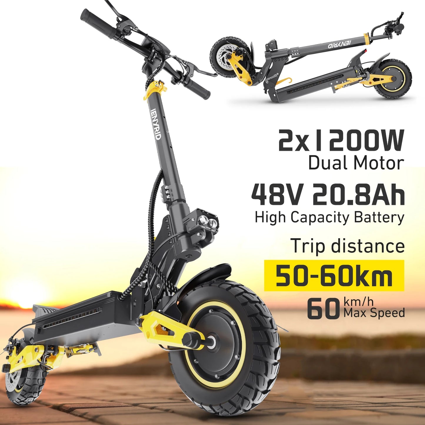 UK US EU Stock Fast Foldable Off Road Adult Smart LCD IENYRID ES1 2400W Dual Motor Electric Scooter