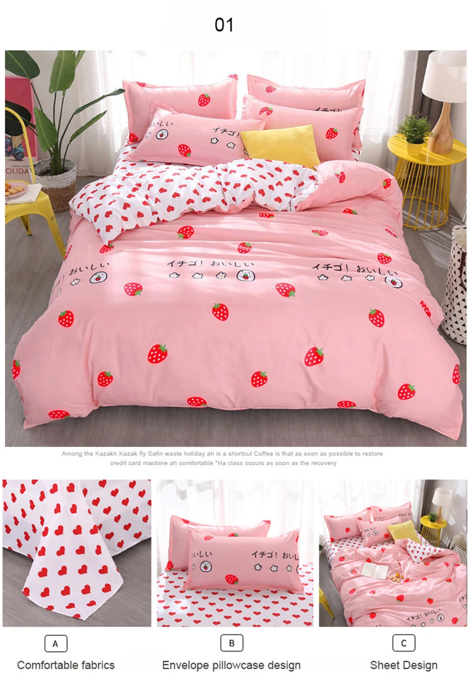 3/4pcs Bedding Set Pink Strawberry Fashion Bed Sheets Queen Size Luxury Bedding Set bed Sheet Sets Duvet Cover Set King Size