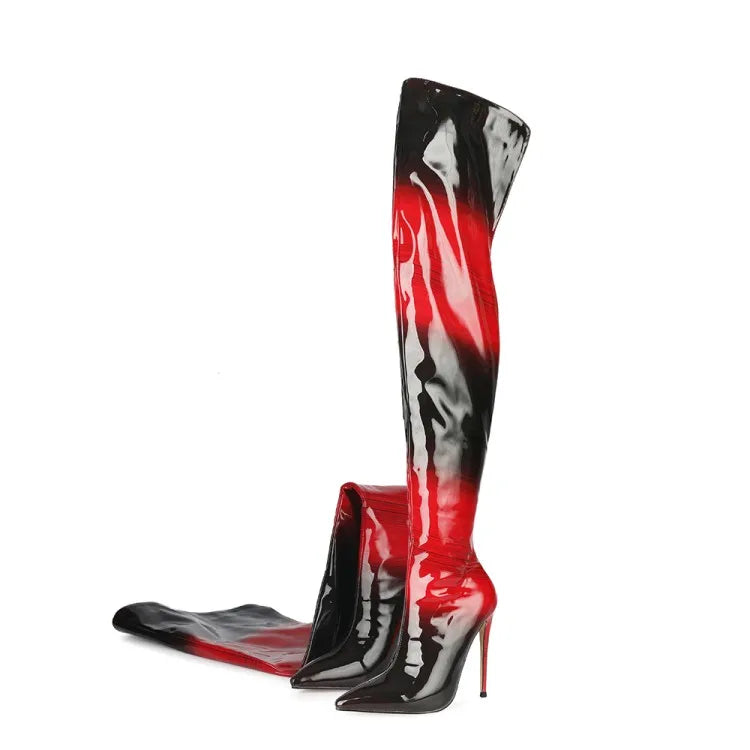 2024 Winter Women Uggh Boots Over Knee Zippered Boots for Women Thigh High Heel Boots Gradient Super Fiber Paint Leather PU ZIP