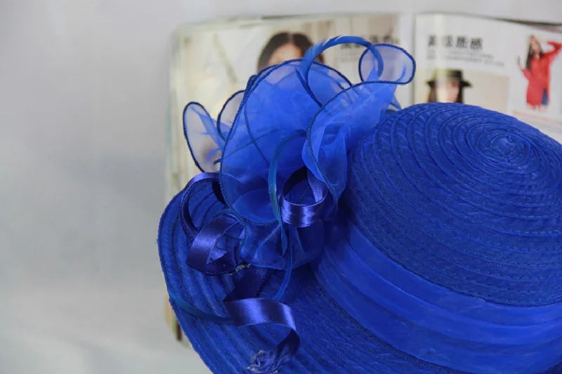 Red Women Charming Hat Wedding Kentucky Derby Hat Ladies Flower Hat Wide Brim Tweed Organza Visor Cap