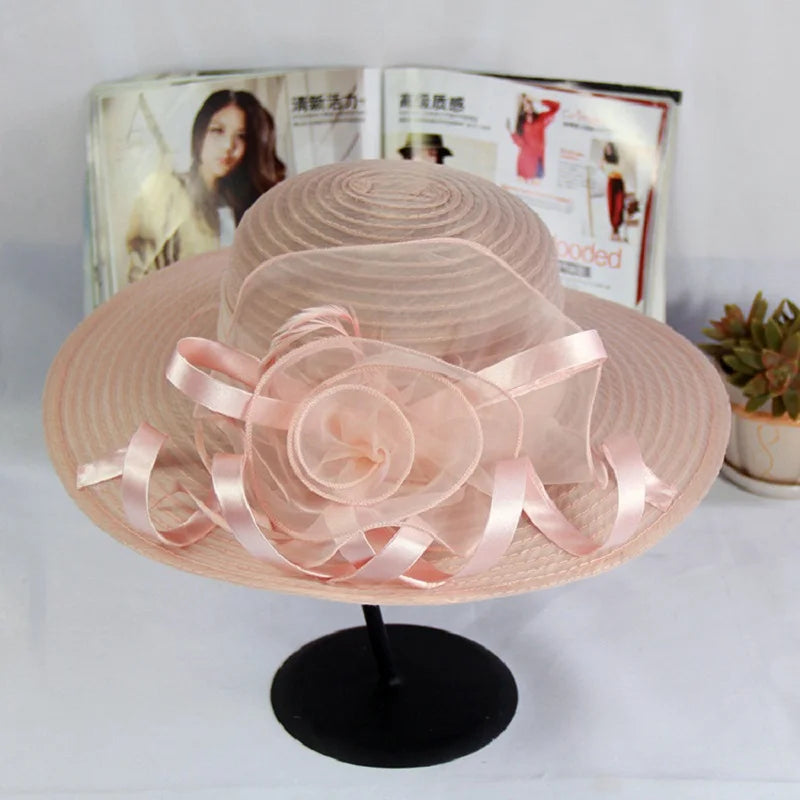 Red Women Charming Hat Wedding Kentucky Derby Hat Ladies Flower Hat Wide Brim Tweed Organza Visor Cap