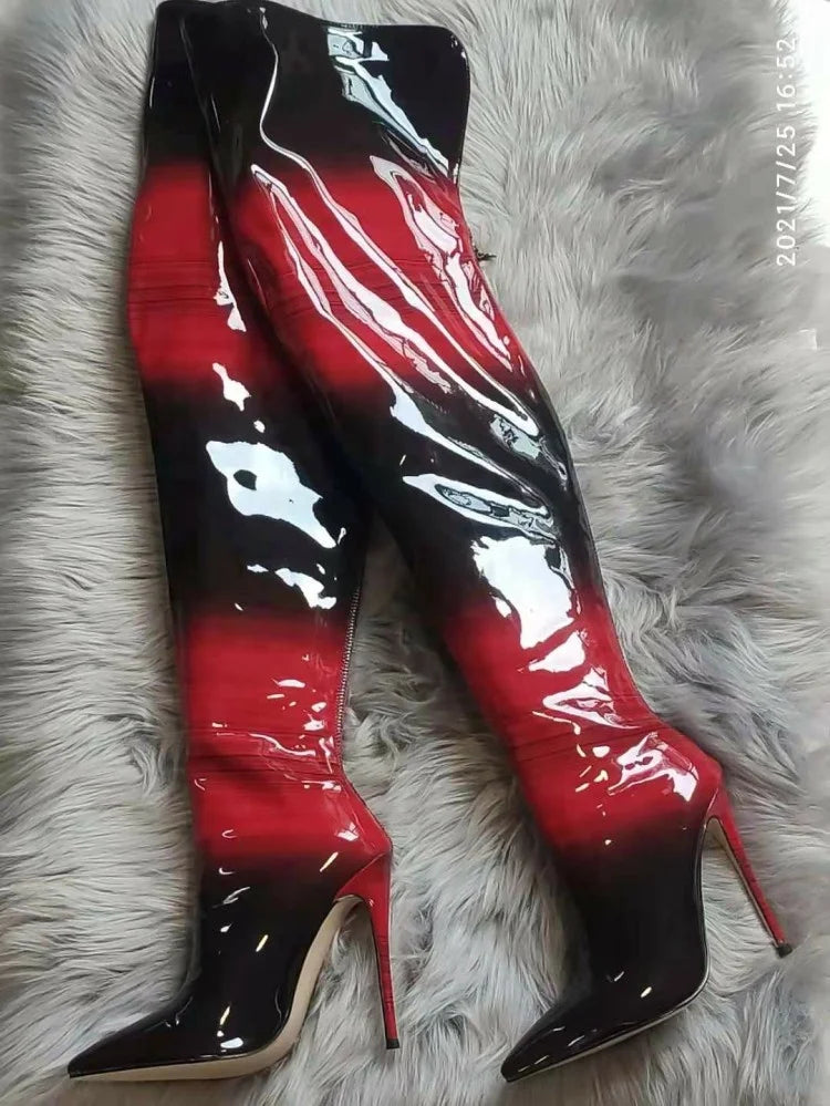 2024 Winter Women Uggh Boots Over Knee Zippered Boots for Women Thigh High Heel Boots Gradient Super Fiber Paint Leather PU ZIP