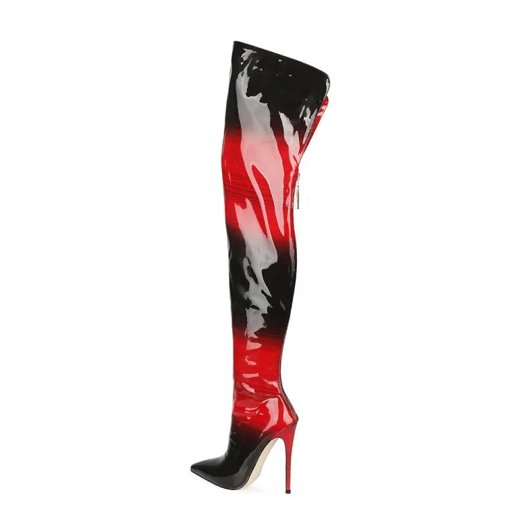 2024 Winter Women Uggh Boots Over Knee Zippered Boots for Women Thigh High Heel Boots Gradient Super Fiber Paint Leather PU ZIP