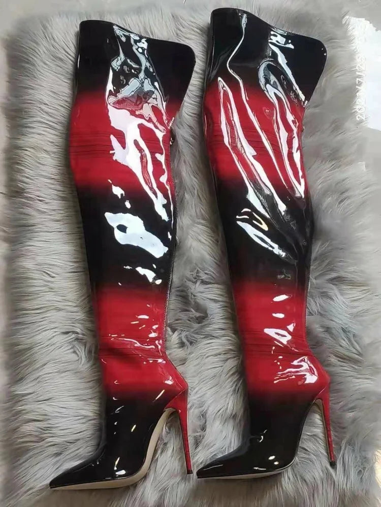 2024 Winter Women Uggh Boots Over Knee Zippered Boots for Women Thigh High Heel Boots Gradient Super Fiber Paint Leather PU ZIP