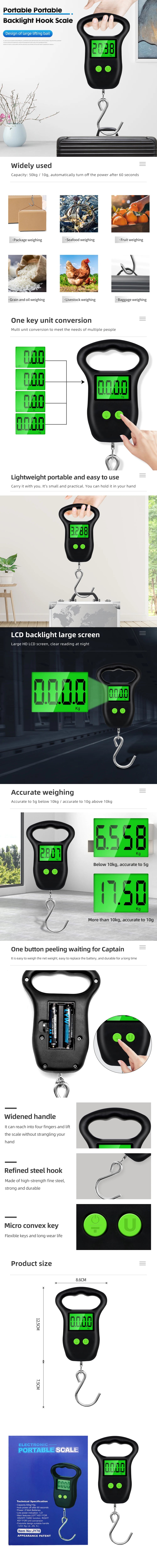 Portable Hand Held Digital Luggage Scale 50Kg 10g Fish Hook Hanging Scale Measuring Tape BackLight LCD Display