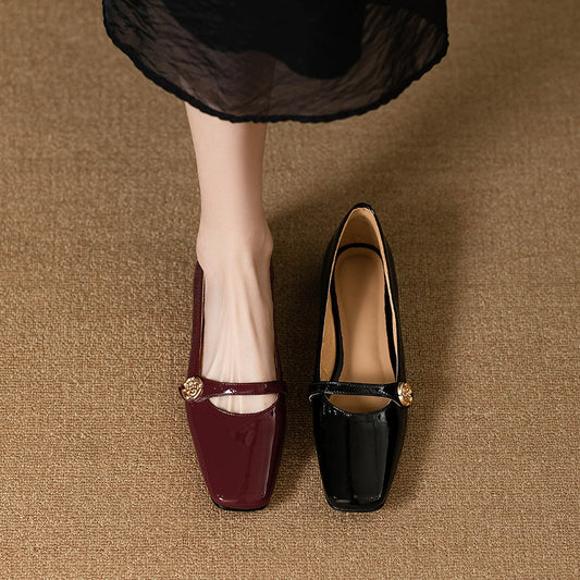French Low Heel Camellia Women's All-matching Thick Heel Shoes - Belvar