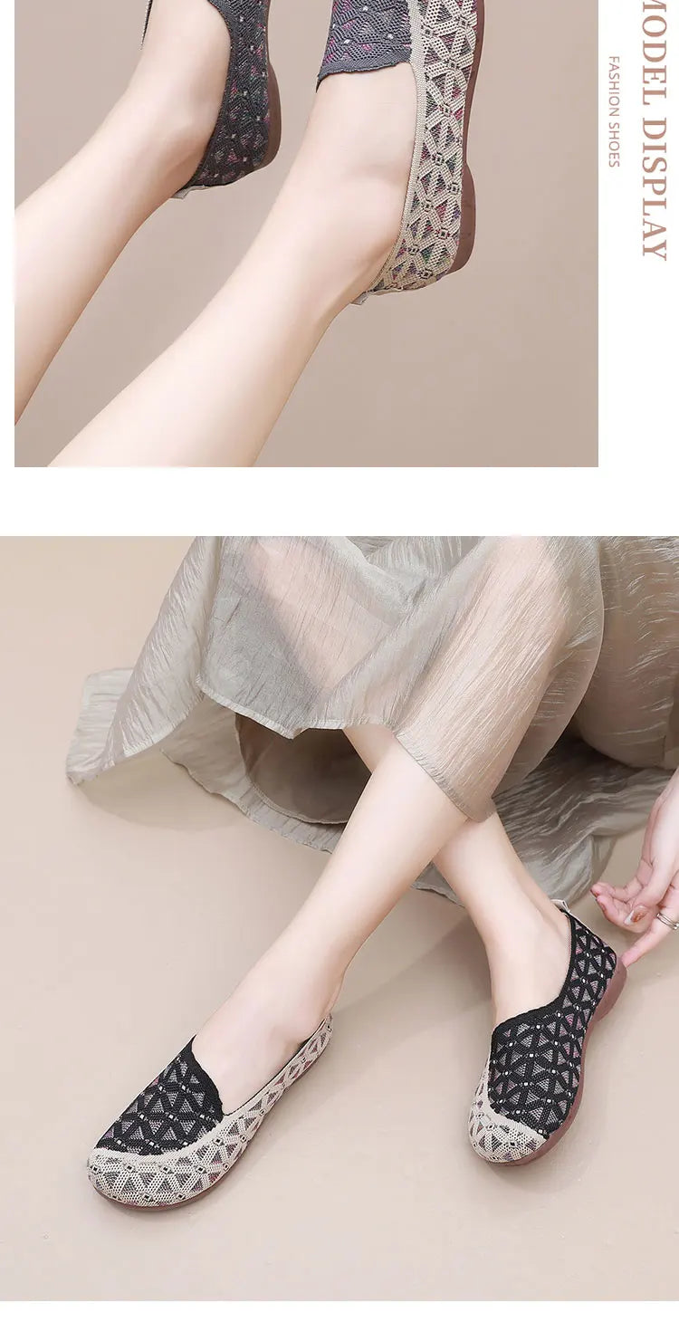 Ladies' 2025 mesh lightweight casual shoes for summer breathable and comfortable anti-slip round toe flat shoes - Belvar