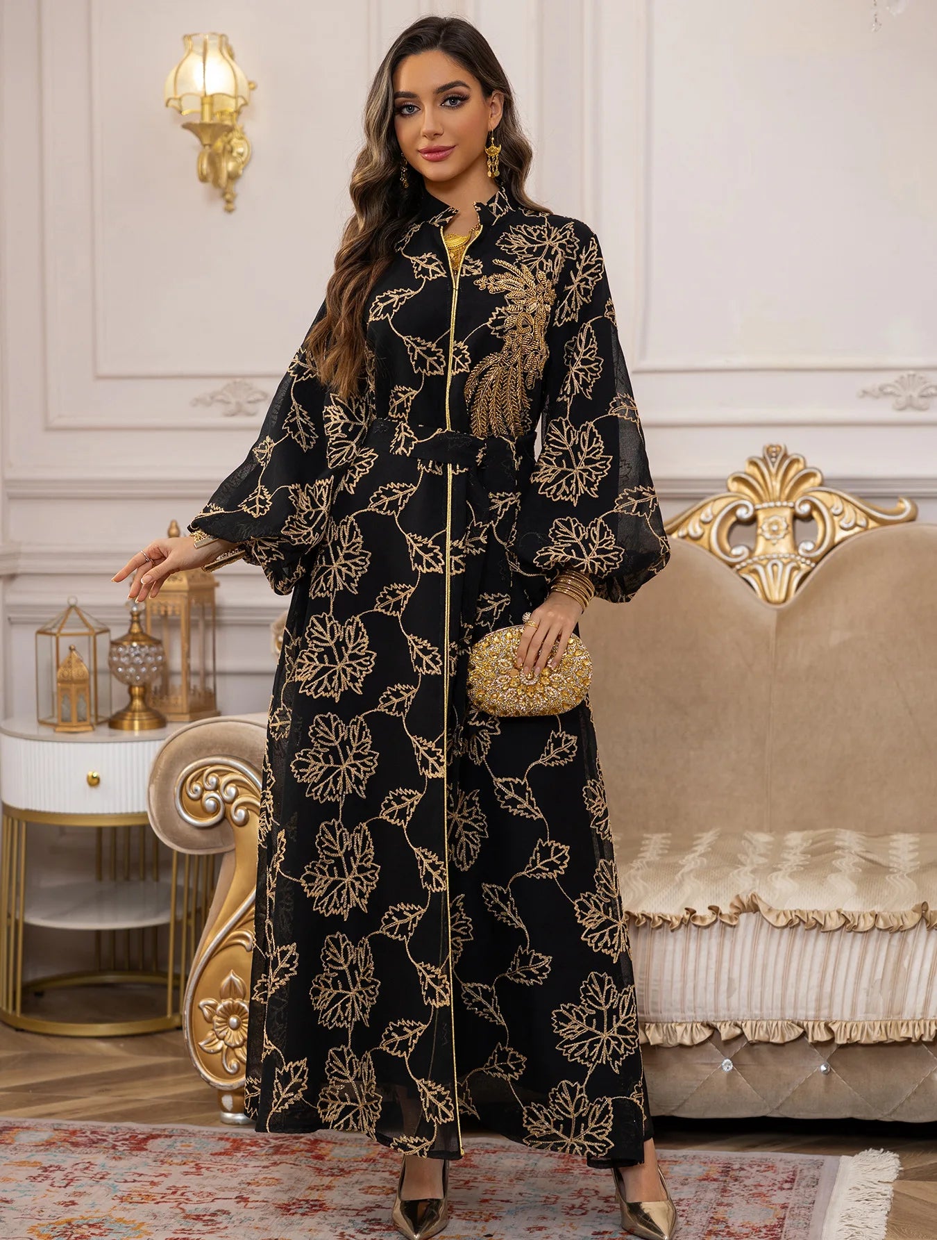 2025 Dubai Luxury Muslim Abaya Gold Floral Embroidered Long Dress Elegant Modest Islam Outerwear for in the MIddle East Women
