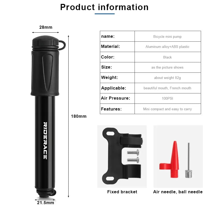 RIDERACE Bike Pump Portable Mini Cycling Hand Air Pump High Pressure Ball MTB Road Bicycle Tire Inflator Schrader Presta Valve