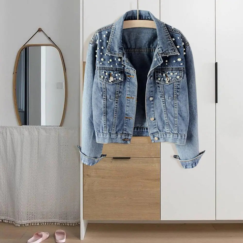 Trendy Women Denim Jacket Firm Stitching Autumn Denim Jacket Breathable Cardigan Imitation Pearl Autumn Coat  Beads Decor