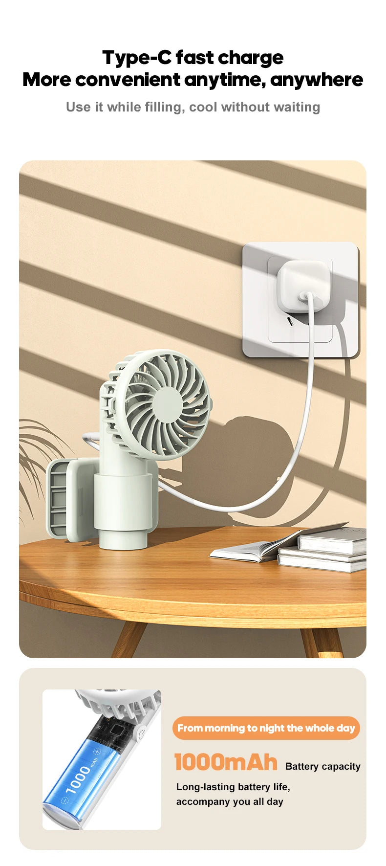 Portable Multifunctional Mini Clip Fan USB Rechargeable 1000mAh 3 Wind Speeds Adjustable Silent Handheld Fan for Travel Umbrella
