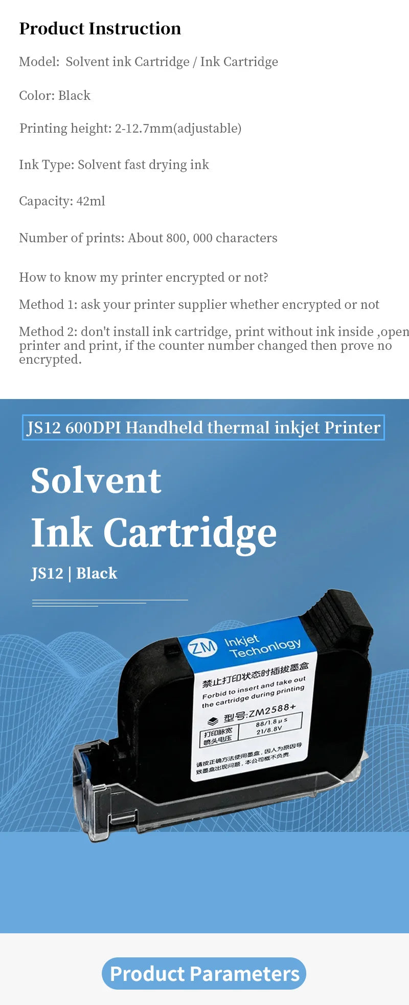 1pcs JS12 JS12M 600DPI 12.7mm Handheld thermal inkjet Printer Fast Dry Eco Solvent Ink Cartridge