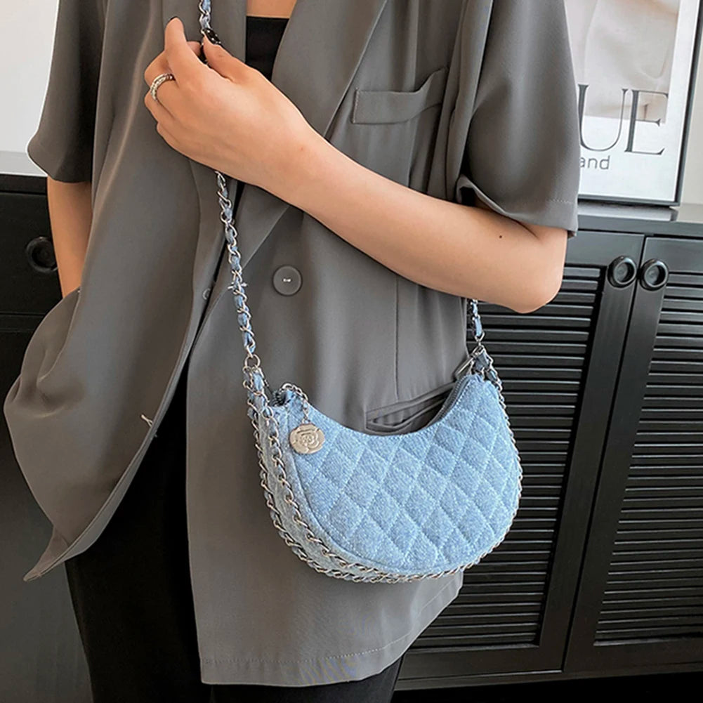 2023 New Denim Fabrics Chain Crossbody Bags Fashion Diffusion Stitching Small Crescent Bags Women's Luxury Underarm Tote Handbag