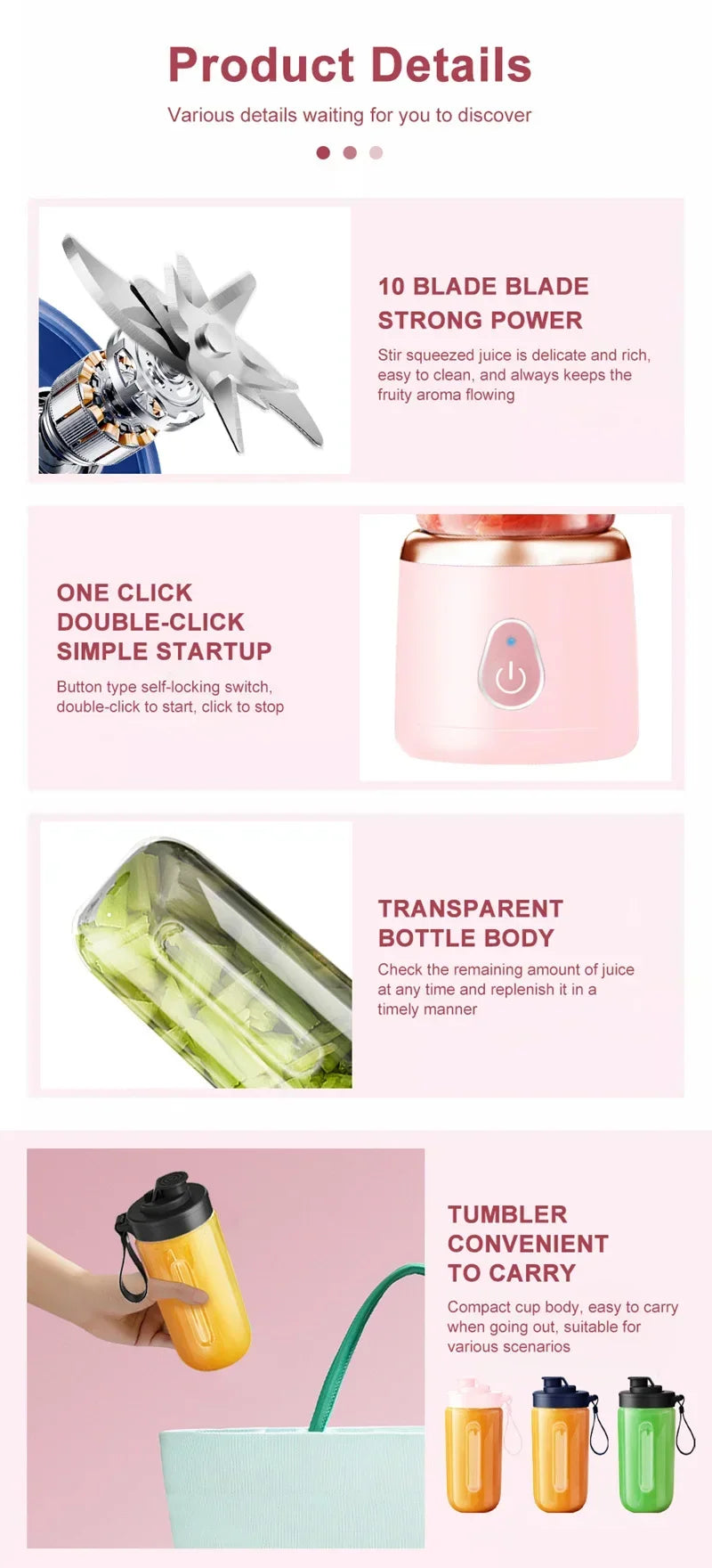 Portable Juicer for Shakes Smoothies Rechargeable USB 400ML Traveling Fruit Juicer Double Cup Fruit Blender Juicer Cup