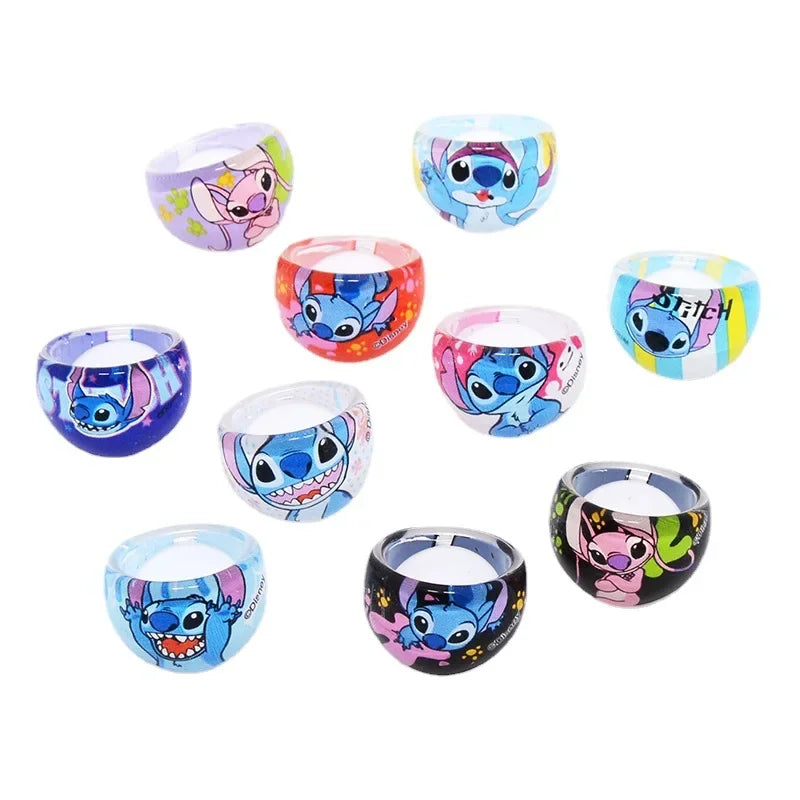 10PCS Anime Stitch Ring Party Favors Kawaii Lilo Stitch Children Acrylic Ring Cartoon Accessories Toy Kids Gift Supplies Ring