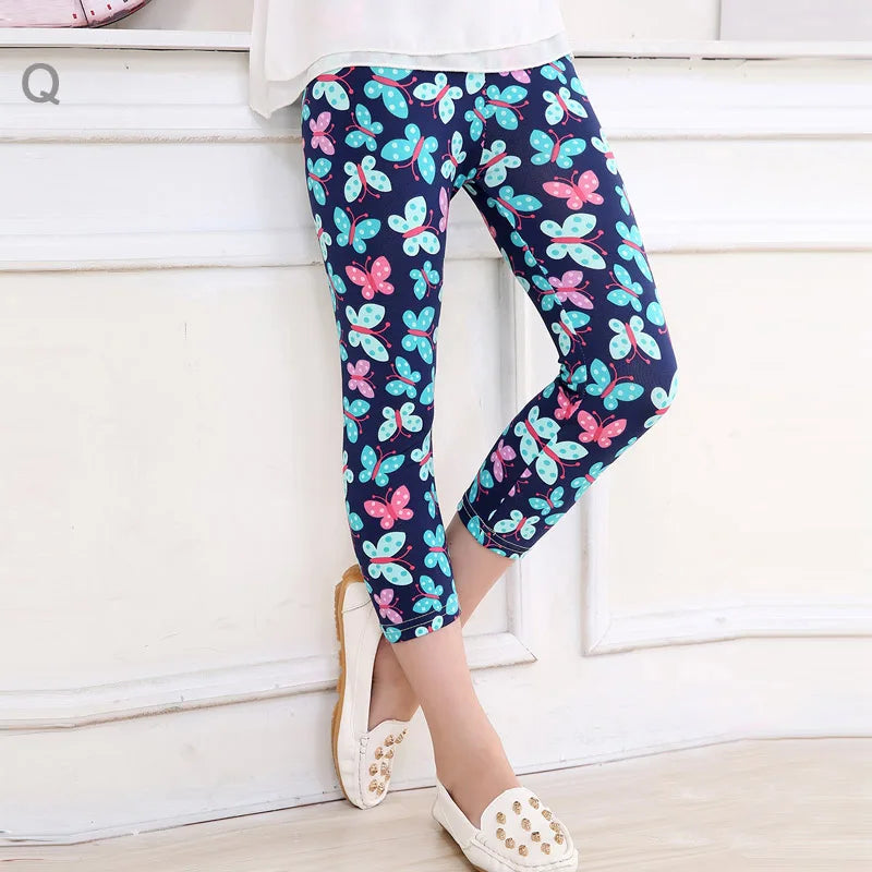 3-10years Girls Cropped Trousers Floral Print Flower Kids Calf Length Skinny Pants Stretch Leggings Children All-matches Bottoms
