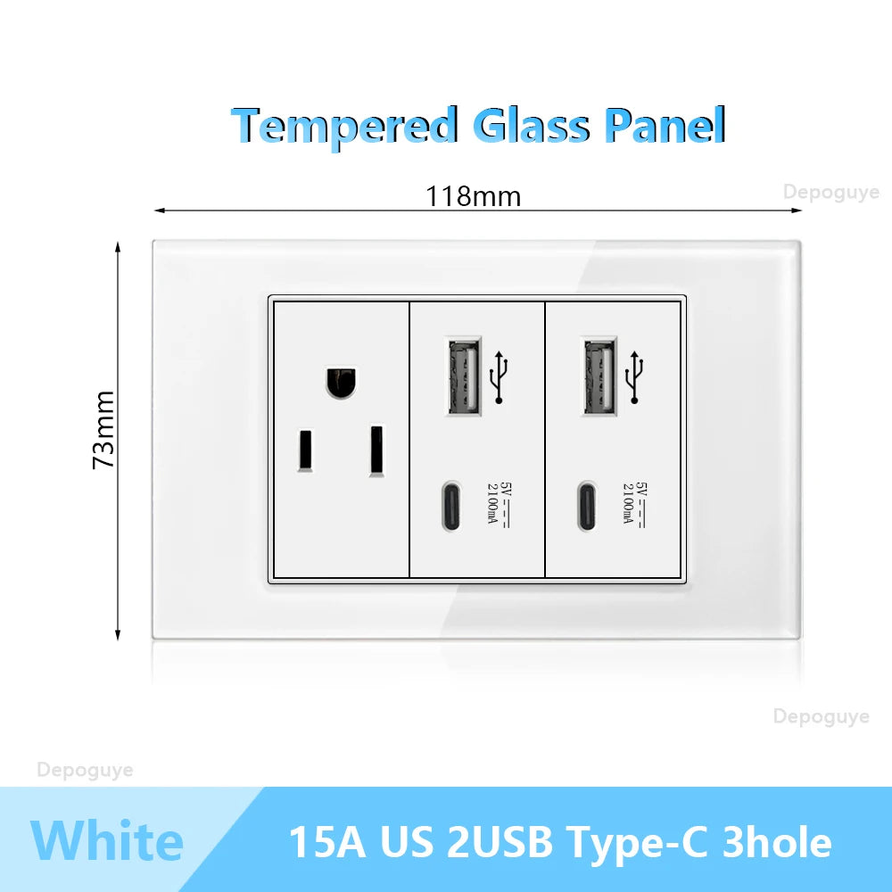 US Wall Switch Power Socket with USB Type-c Quick Charger,American Mexico White Tempered Glass Plug Outlet,Light Switch Panel