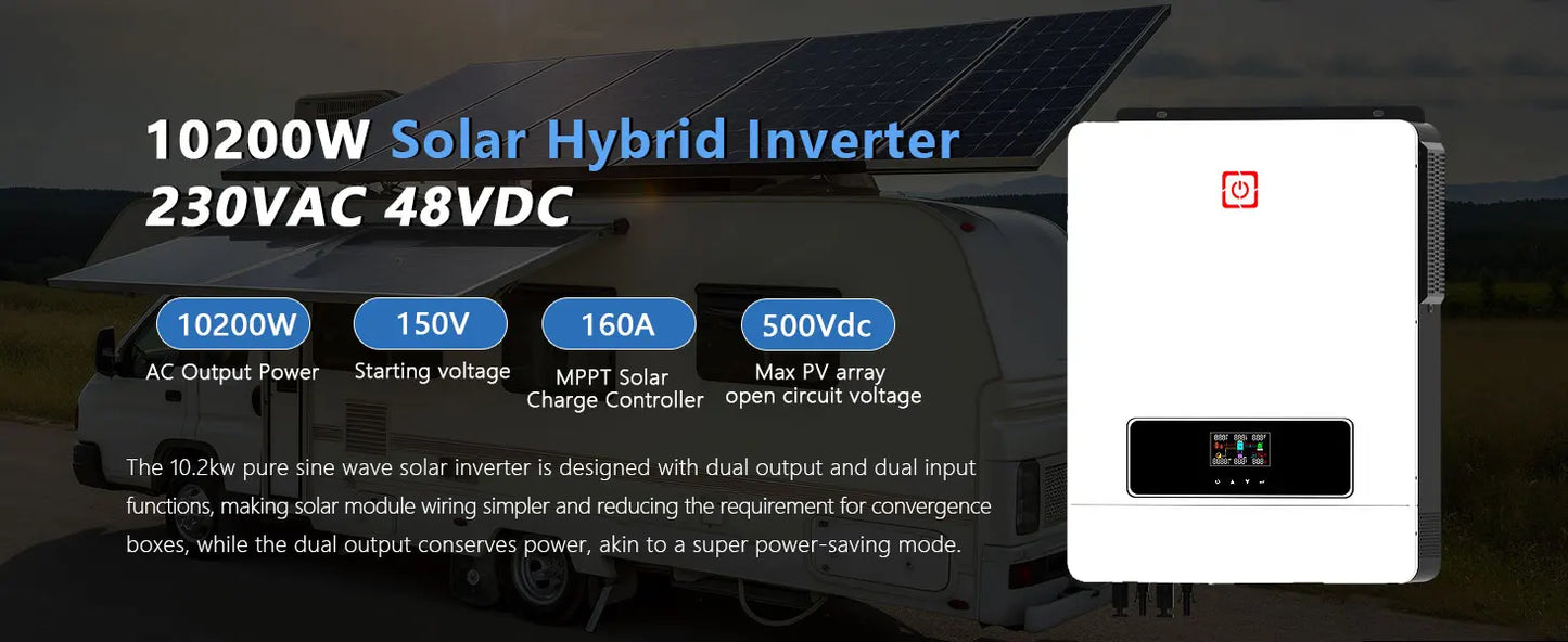 Y&H 10KW Hybrid Solar Inverter 48V 230V 10.2KW On/Off Grid Pure Sine Wave Inverter 2xMPPT 160A Solar Battery Charger BMS WiFi