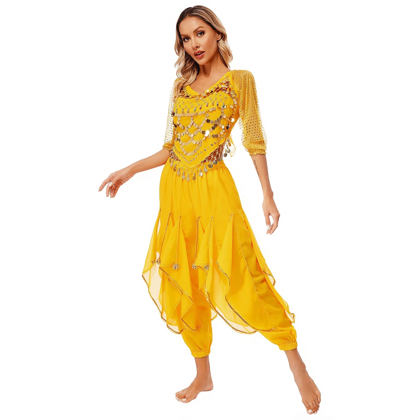 Womens Indian Belly Dance Performance Costume Sequined Long Sleeve Chiffon Tops Self-tie Back Irregular Hem Crop Top with Pants