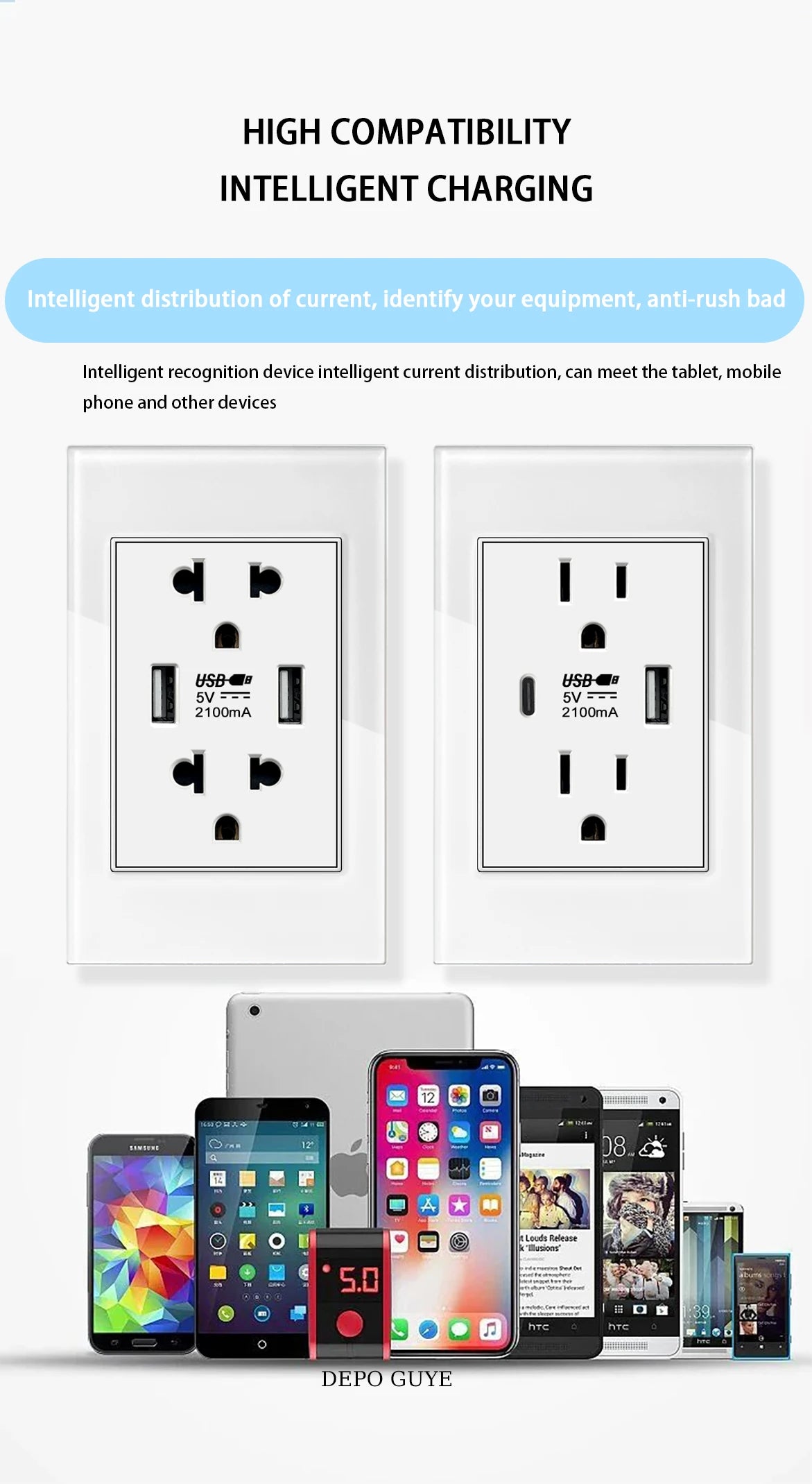 US Wall Switch Power Socket with USB Type-c Quick Charger,American Mexico White Tempered Glass Plug Outlet,Light Switch Panel