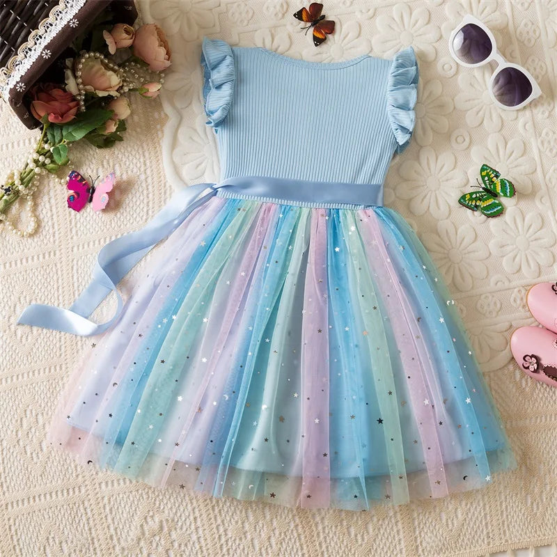Toddler Girls Princess Dress Children Rainbow Sleeveless Tulle Dress Summer New Baby Birthday Party Vestido Sweet Casual Clothes