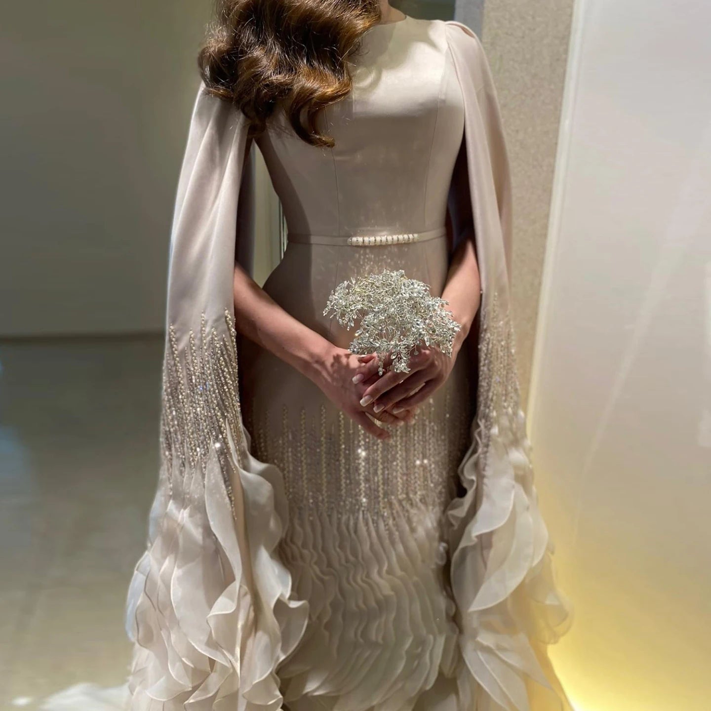 Sharon Said Luxury Dubai Nude Evening Dresses with Cape Sleeves Tiered Ruffles Arabic Women Wedding Party Gowns SS440 Customized