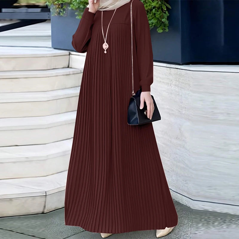 2025 ZANZEA Muslim Abaya Hijab Dress Women Elegant Long Sleeve Pleated Sundress Fashion Casual IsIamic Clothing Dubai Maxi Robe