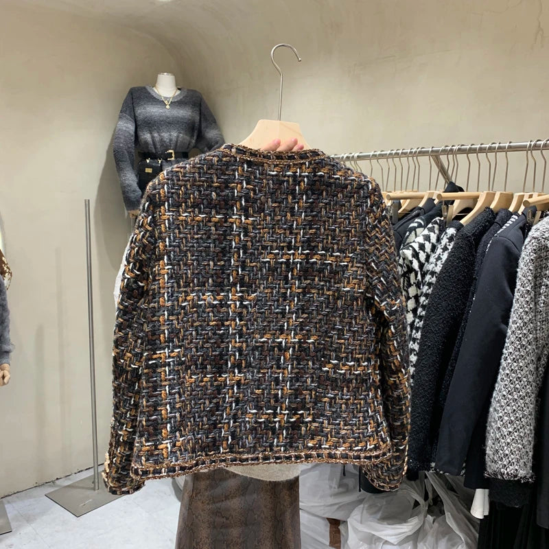 Vintage Jackets 2025 Women Clothing O-neck Long Sleeve Pocket Tweed Temperament Tops Fashion Korean Cropped Coat Y2k Clothes