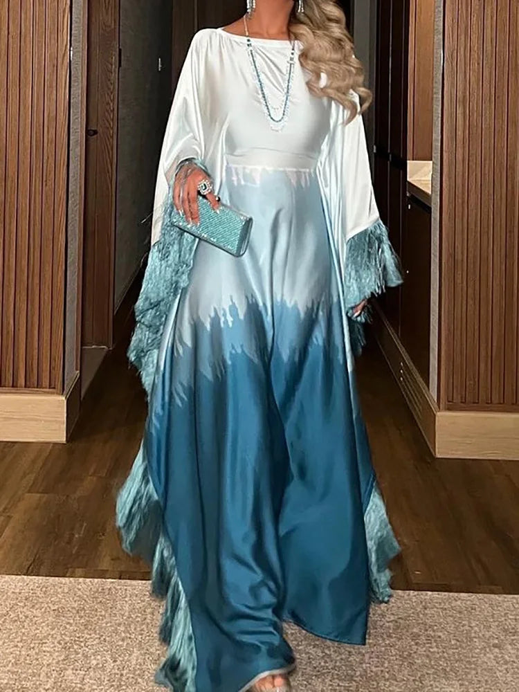 Ramadan Eid Batwing Sleeve Abaya Dubai Luxury 2024 Muslim Maxi Dress Loose Patchwork O Neck Abayas For Women Robe Tassel Vestido