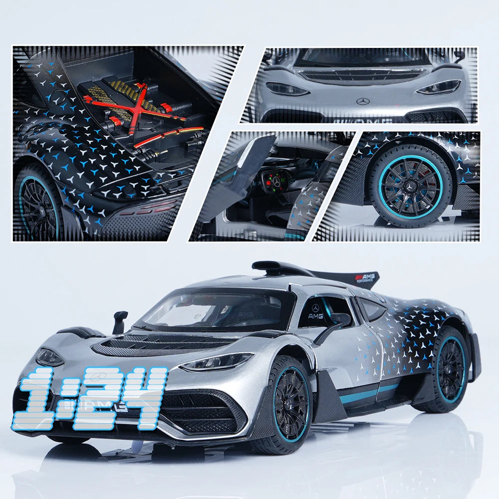 1:24 Gray Alloy Supercar Model with Sound and Light, Pull Back, Three Doors, Lift up Tail, Front Wheel Steering, Four Wheel Shock, Boy Toy