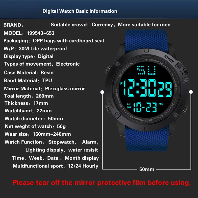YIKAZE Men's Digital Electronic Watch Sports Glow 55mm Large Dial Student Outdoor Adventure Trend Multifunctional Watches Clock