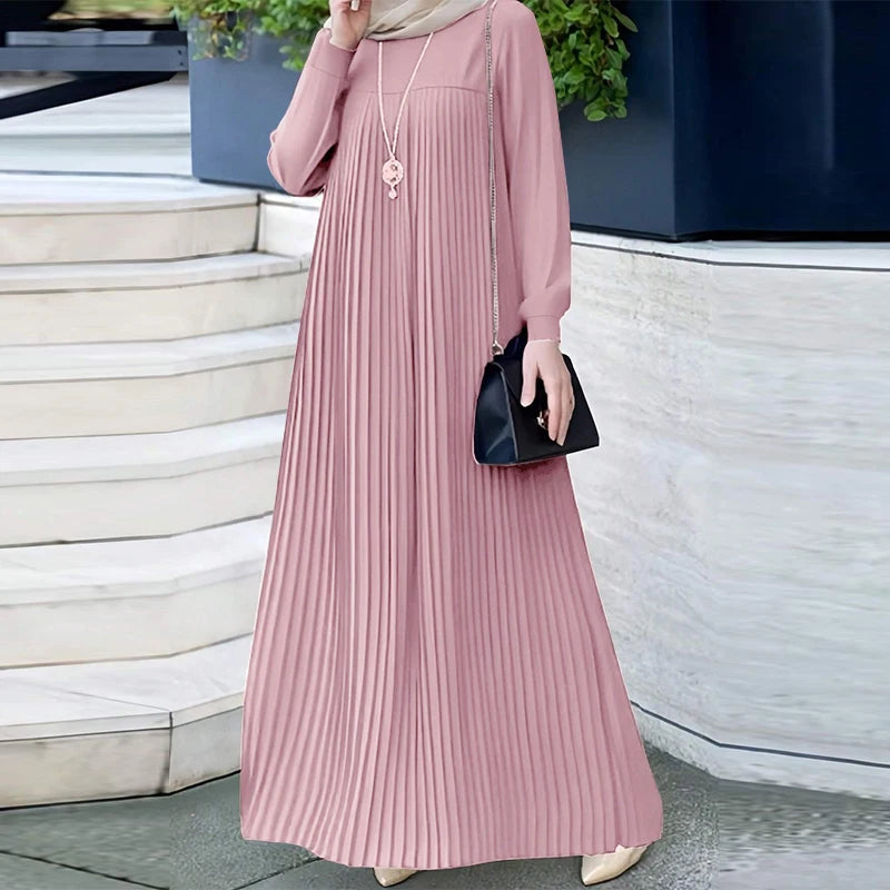 2025 ZANZEA Muslim Abaya Hijab Dress Women Elegant Long Sleeve Pleated Sundress Fashion Casual IsIamic Clothing Dubai Maxi Robe