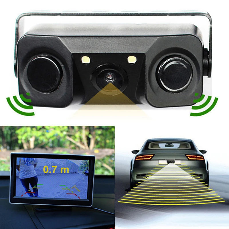 3 in 1 Car Parking Sensor Car Reverse Backup Rear View Camera with 2 Radar Detector Sensors Indicator Buzzer Alarm Car Camera