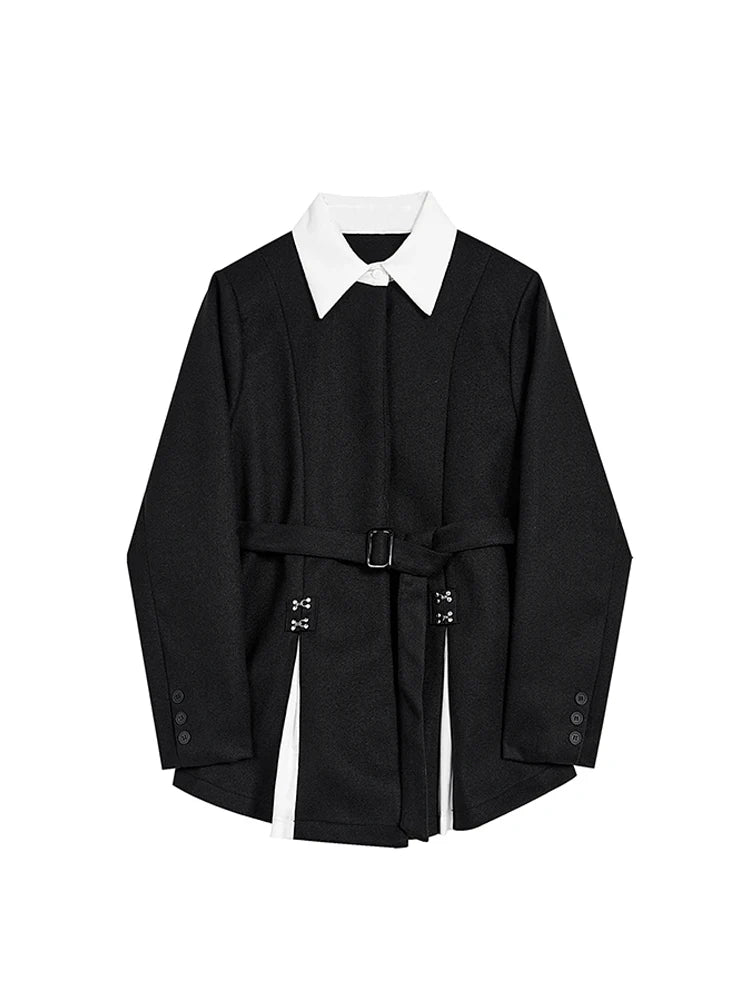 Women Black Gothic Blazer Elegant Vintage 90s Fashion Coat with Belt Y2k Suit Jacket Harajuku Long Sleeve Outwear 2000s Clothes