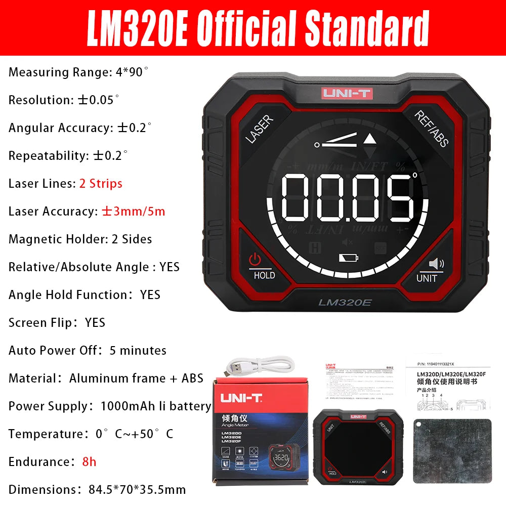 UNI-T LM320D LM320E LM320F Laser Inclinometer Digital Angel Meter with Absolute Relative Angle Measurement Magnetic Inclinometer