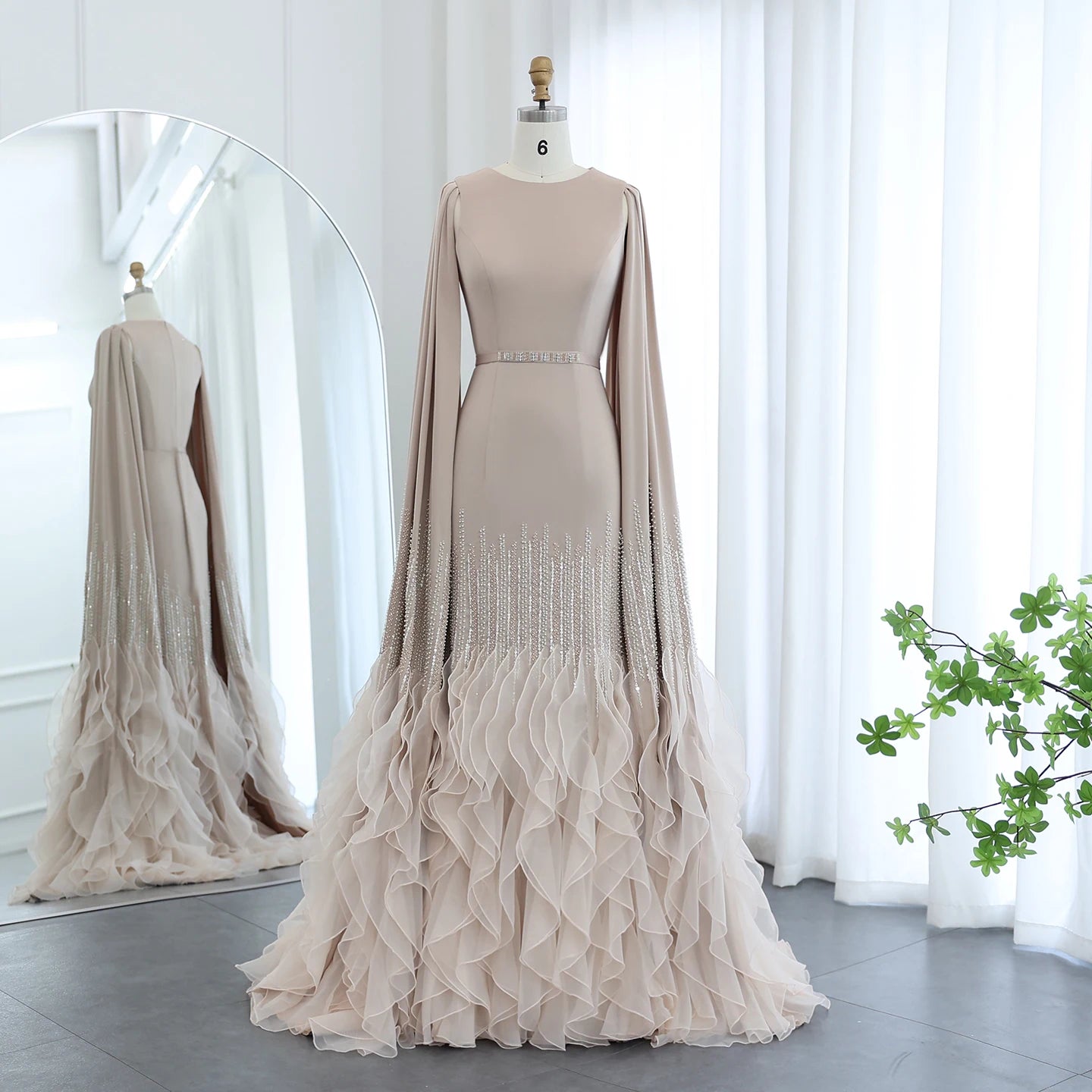 Sharon Said Luxury Dubai Nude Evening Dresses with Cape Sleeves Tiered Ruffles Arabic Women Wedding Party Gowns SS440 Customized