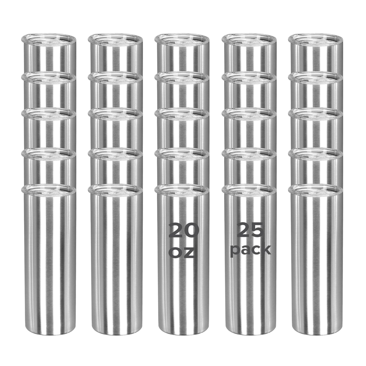 25 Pack 20OZ Silvery Stainless Steel tumbler with Lid & Straw - Slim Straight Vacuum Insulated Cup
