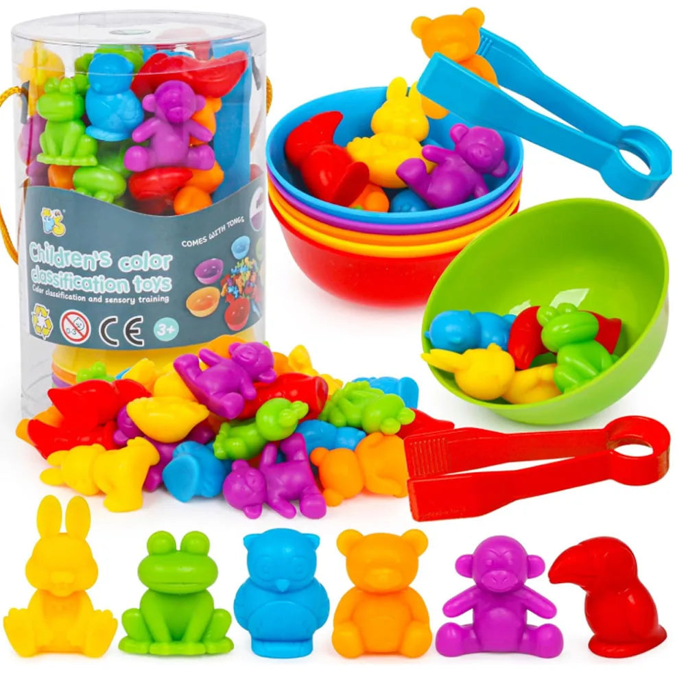 36PCS Colorful Animal Toy Set for Toddlers - Early Learning Educational Toys with Bowls & Tongs, Safe Plastic