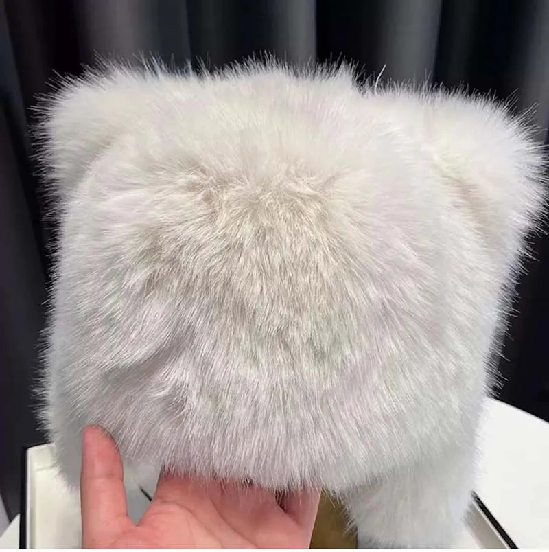 Women Winter Warm Kawaiyi Fox Fur Imitation Mink Plush Hat Thickened Cute Bear Ear plush Lei Feng hat Ear Protection Cosplay Cap
