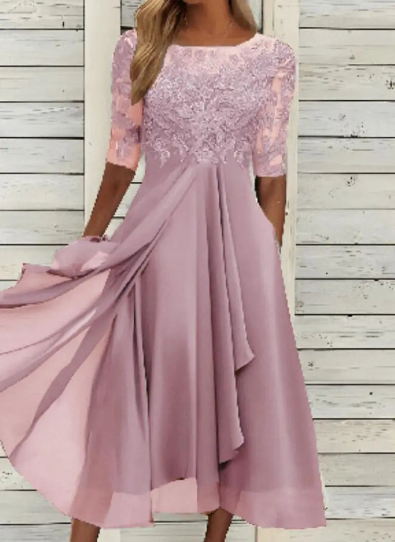 Womens Dresses Romantic Simple Dress With Chiffon Patchwork Lace Hollow Out Long Dress Bridesmaid Evening Dress Women's Wear