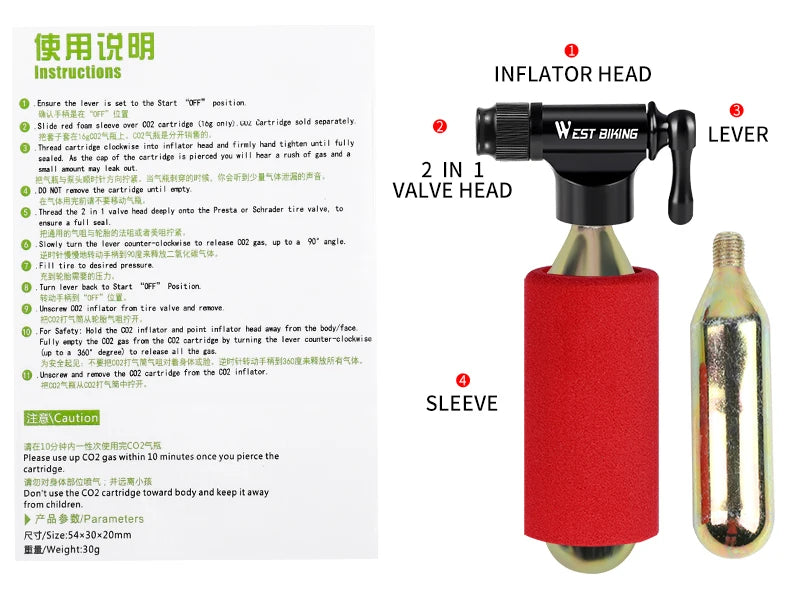 WEST BIKING Mini Bicycle CO2 Pump Portable Tire Inflator For Schrader Presta Adapter MTB Road Bike Aluminum Alloy Automatic Pump