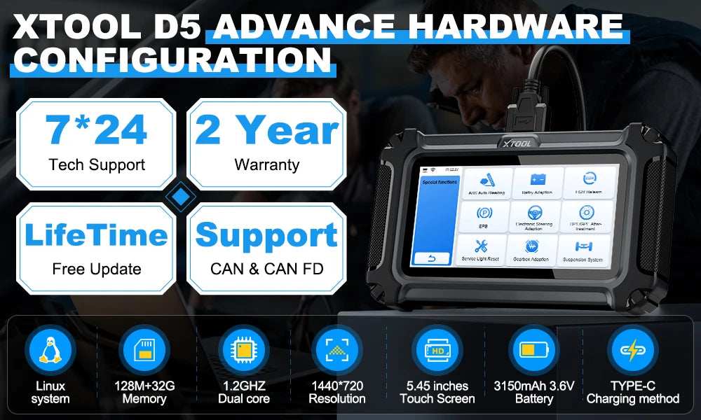 XTOOL D5 Car Diagnostic Tools Gearbox ABS EPB Airbag Engine 5 System Scanner 10 Reset Service OBD2 Scanner Lifetime Free Update